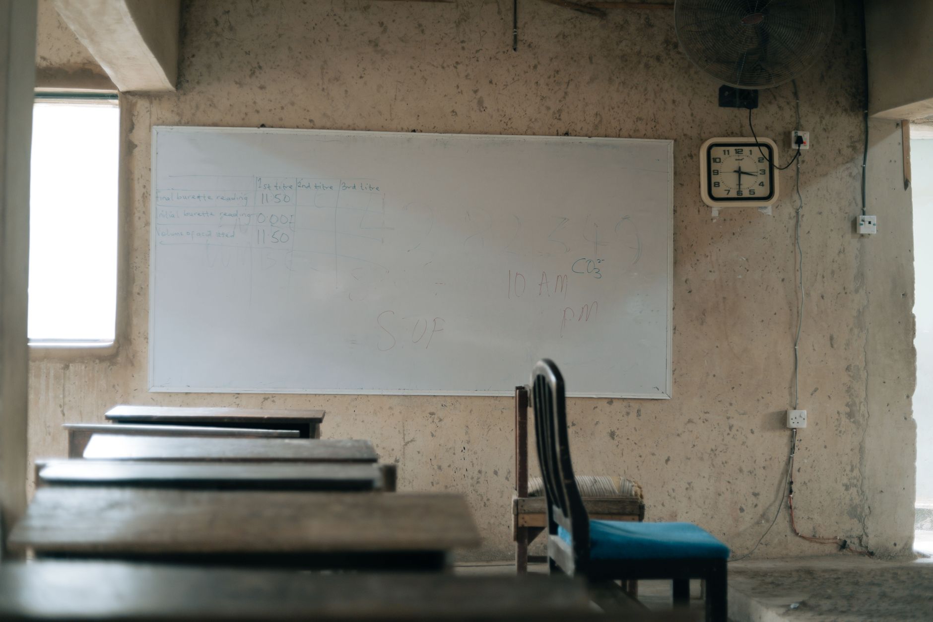 Salle de classe vide avec de vieux bureaux en bois, un tableau blanc et une horloge murale, mettant en avant l'éducation.